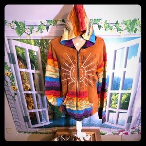 Boho gypsy zip up jacket with rainbow sleeves